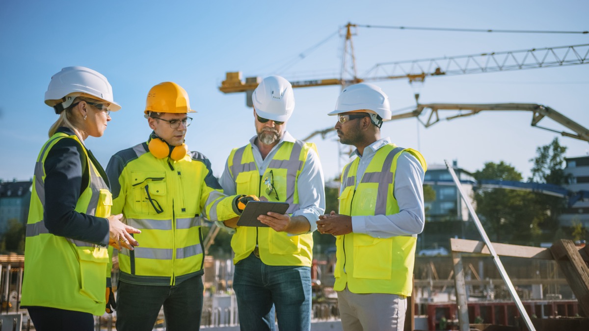 A general-contracting team reviewing project data on a tablet in front of a tower crane.
