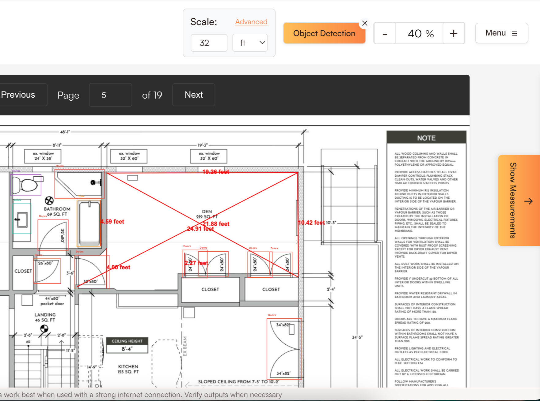 A floorplan with automatic measurement overlays, dimension callouts, and object detection running across every room.