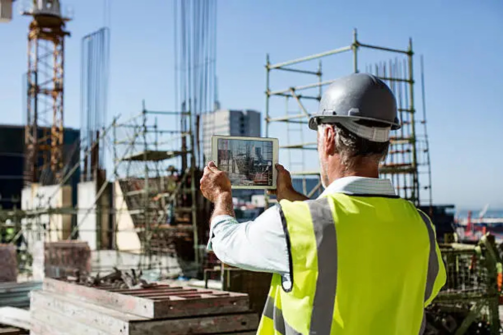 A superintendent capturing a scaffolded structure on a tablet